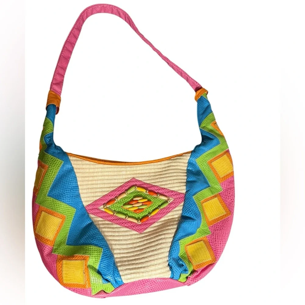 Sharif vintage pink green yellow orange cream leather woven western hobo bag - Picture 2 of 16
